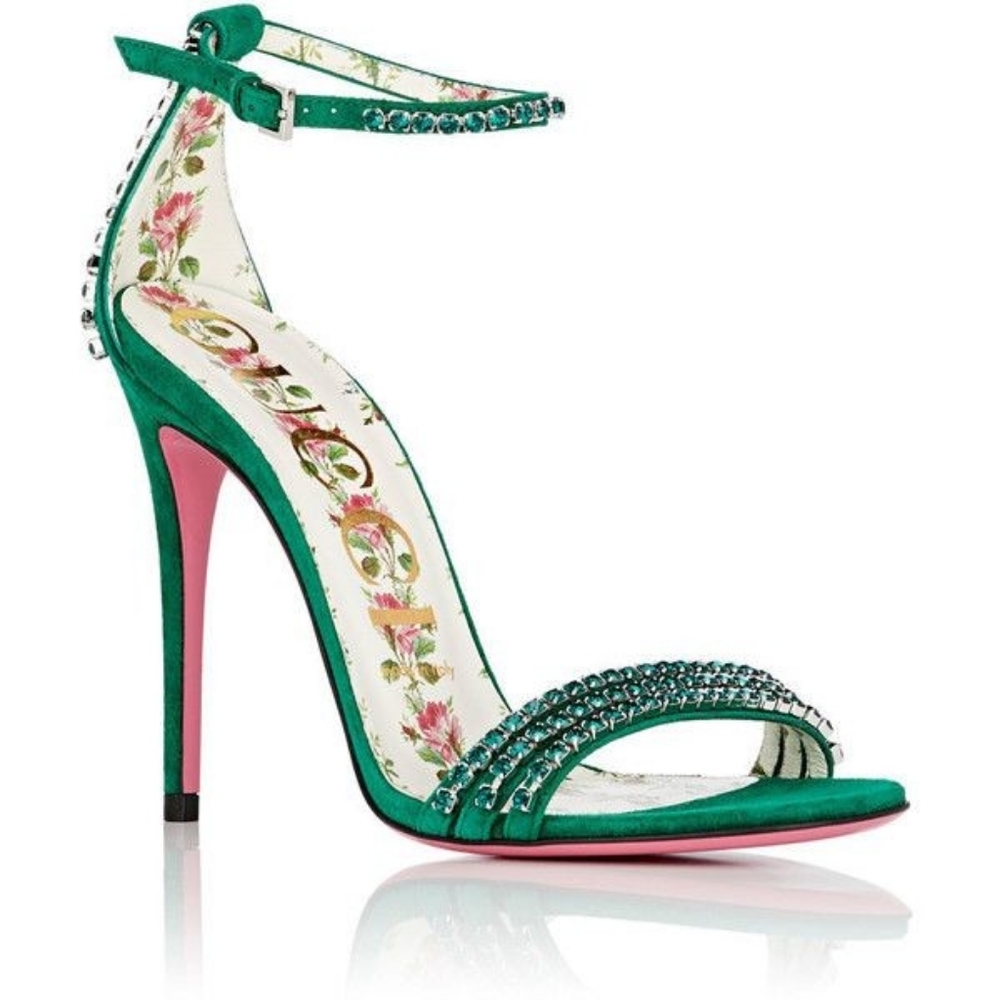 NWT Gucci Kid Scamosciato Crystal Ankle Strap GREEN High Heel Sandals 40